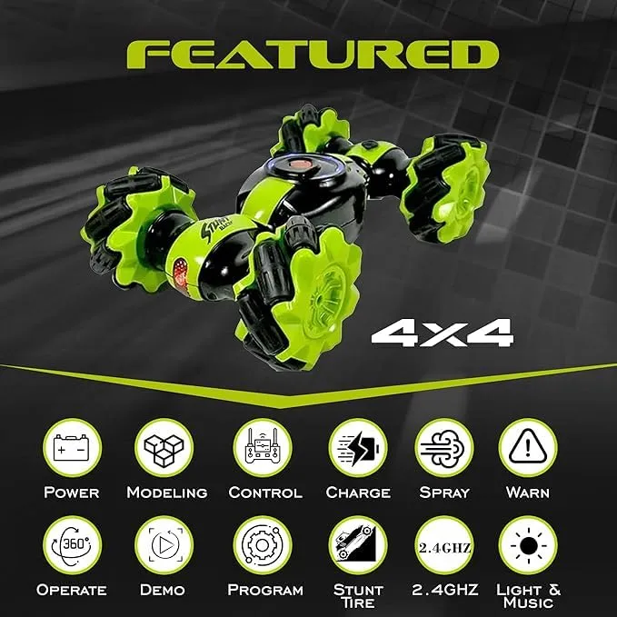 Twist Car 360° Flip RC Stunt Car with Gesture Sensor Watch Control, Lights & Music, 2.4GHz Deformation Drift Vehicle for Kids 2.webp