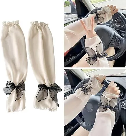 Arm Sleeves with Bow - UV Protection Hand Sleeves for Women - 1 Pair (Random Color) 2.webp