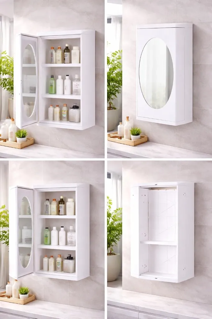 Wall Mounted Bathroom Cabinet with Mirror - Rotatable Storage Organizer Shelf - Space Saving Plastic Vanity Unit for Kitchen Bathroom Bedroom 4.webp
