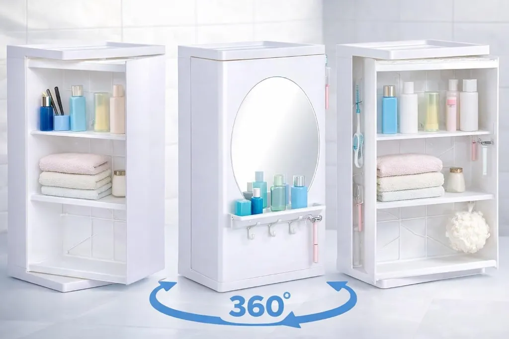 Wall Mounted Bathroom Cabinet with Mirror - Rotatable Storage Organizer Shelf - Space Saving Plastic Vanity Unit for Kitchen Bathroom Bedroom 5.webp