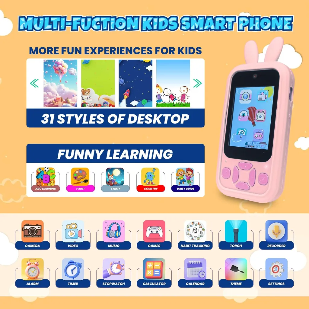 Kids Smart Phone Camera Toy - 1080P HD Video, Front & Rear Camera, Fun Learning & Games (Random Design) 8.webp