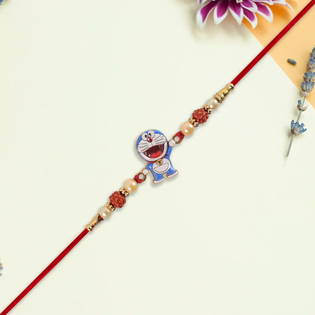 Cute Doraemon Kids Rakhi with Rudraksha & Pearl Beads