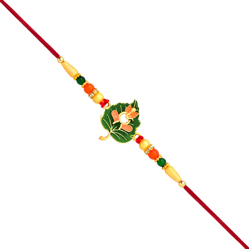 [KBS-1064] Green Tulsi Leaf Rakhi with Orange Enamel Flower and Beaded Thread