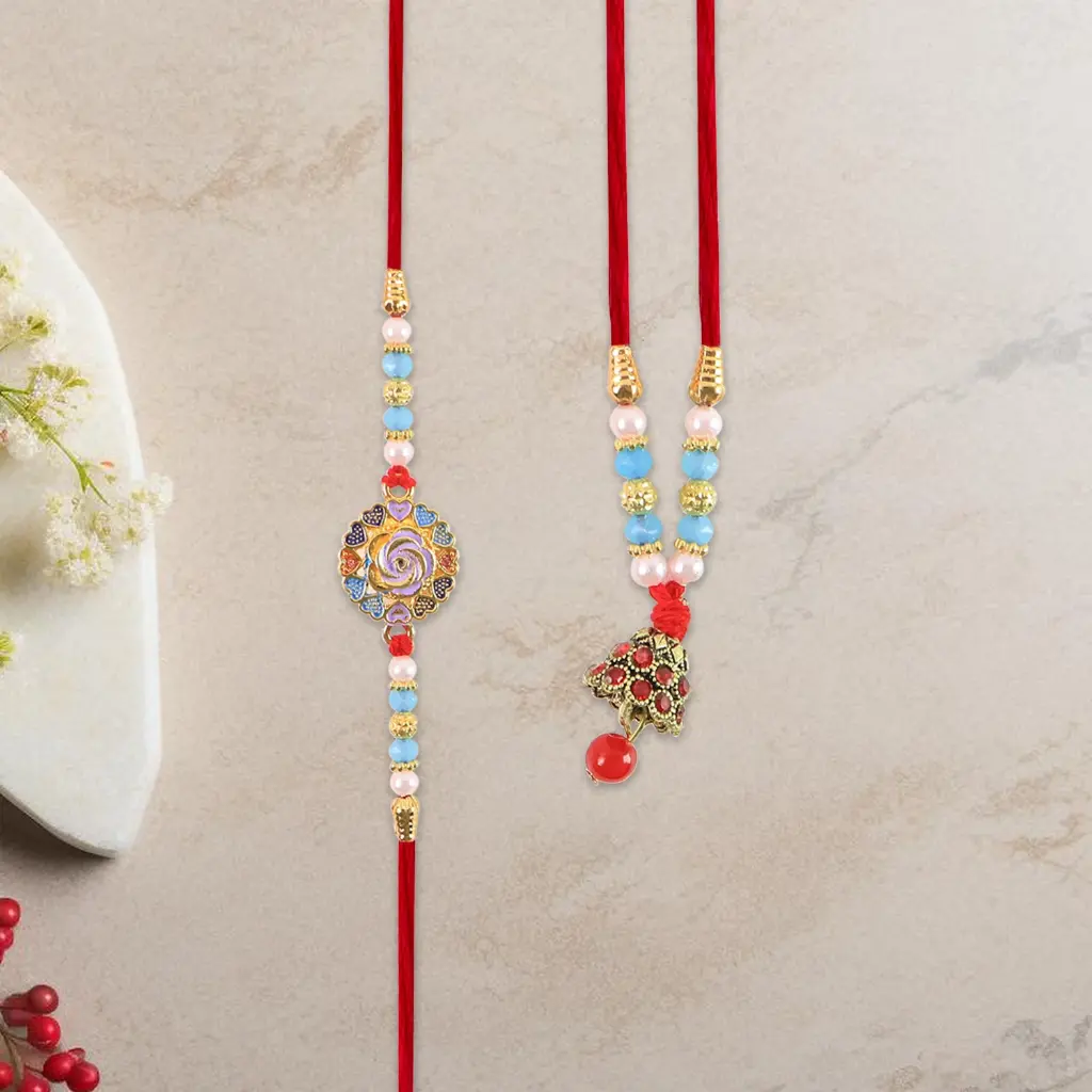 [KBS-1067] Bhaiya Bhabhi Rakhi Set – Designer Beads with Kundan Work & Enamel Floral Dial