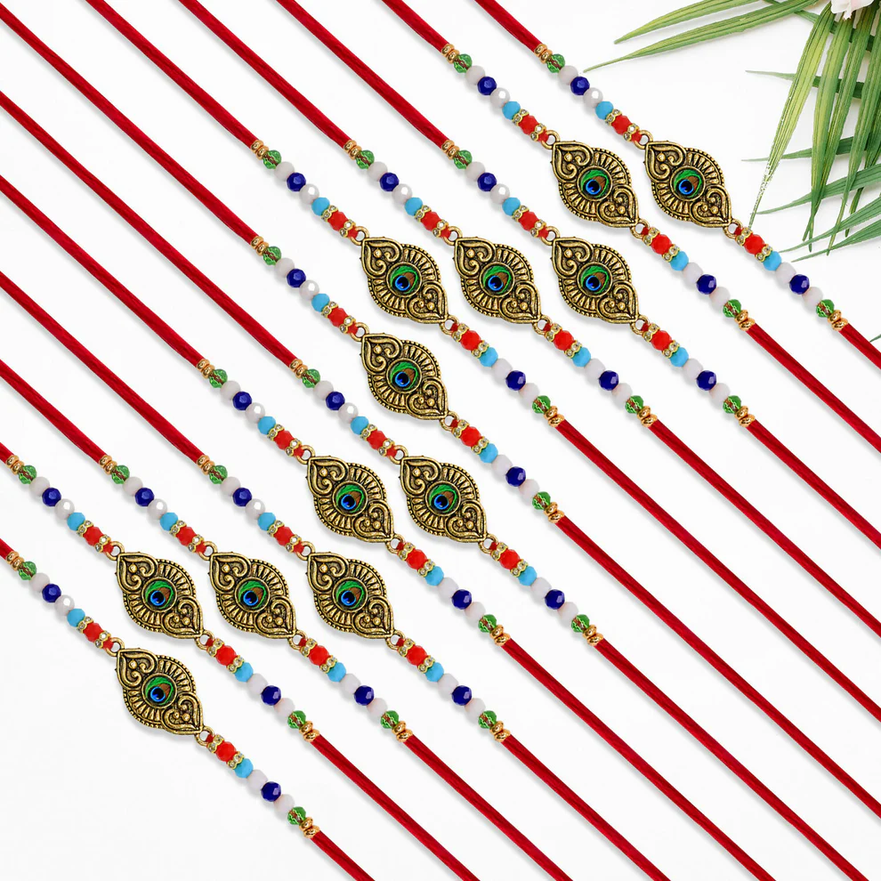 [KBS-1088] Evil Eye Designer Rakhi – Blue Centerpiece with Antique Finish & Colorful Beads (1 Pcs)
