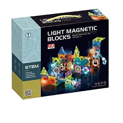 75 Pcs Light Magnetic Tiles for Kids – 3D STEM Building Blocks & Marble Run Toy Set
