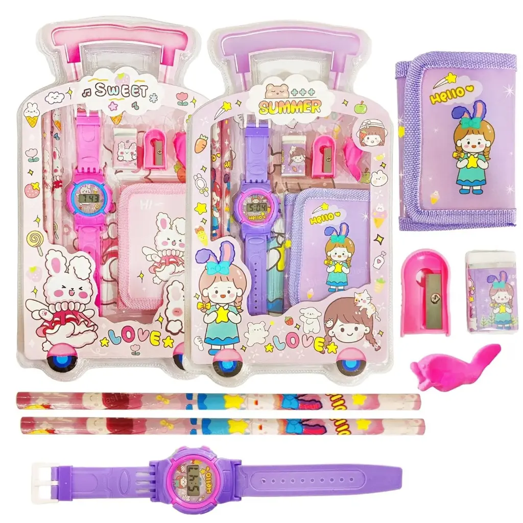 [KBS-1162] Kawaii Stationary Kit with Pencils, Small Purse with Wrist Watch, Sharpener, Erasers for Kids (No 9005)