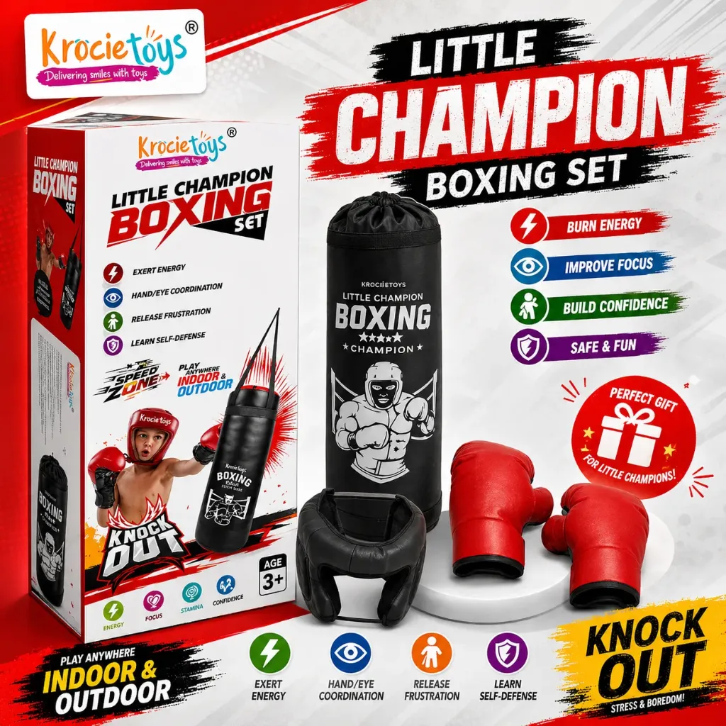 [KBS-1577] Krocie Toys Little Champion Boxing Set | Kids Punching Bag with Gloves & Head Guard | Indoor & Outdoor Boxing Toy