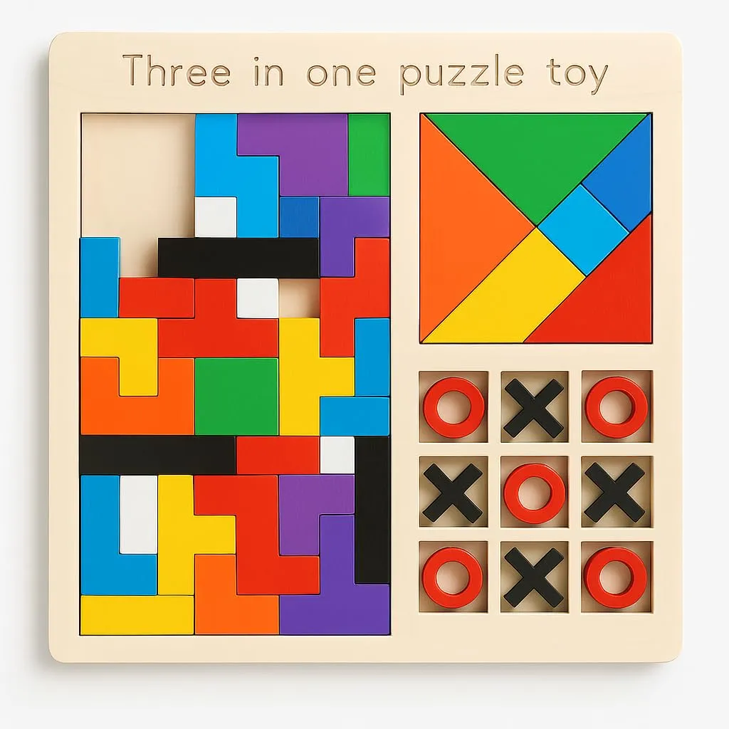 3 in 1 Wooden Puzzle Toy for Kids | Tetris Blocks, Tangram Shapes & Tic-Tac-Toe | Educational Montessori Toy for Kids