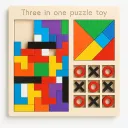 3 in 1 Wooden Puzzle Toy for Kids | Tetris Blocks, Tangram Shapes & Tic-Tac-Toe | Educational Montessori Toy for Kids