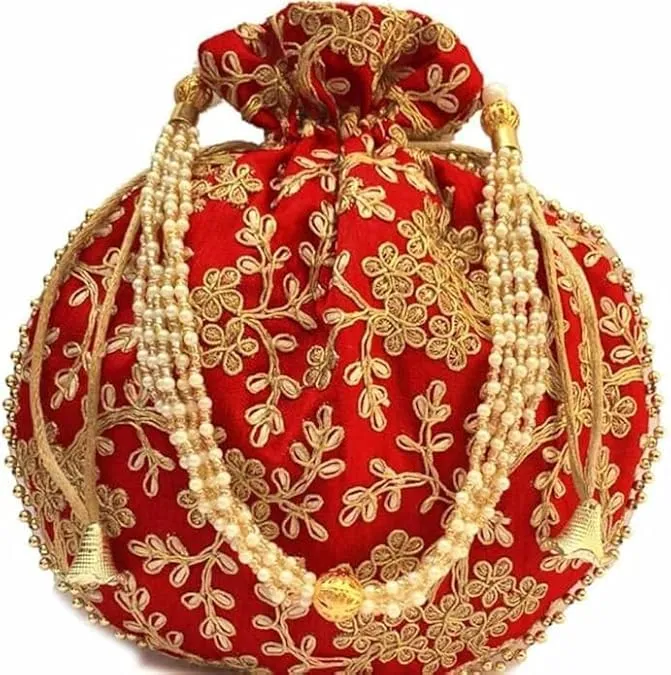[KBS-1605] Ethnic Designer Potli Bag for Women | Intricate Embroidery Work with Elegant Pearl Handle (Assorted colors)