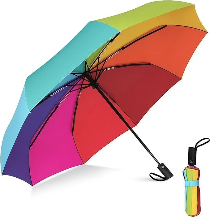 Auto Open Close Rainbow Umbrella | Compact Windproof Travel Umbrella for Women, Men & Kids | Portable for Rain & Wind