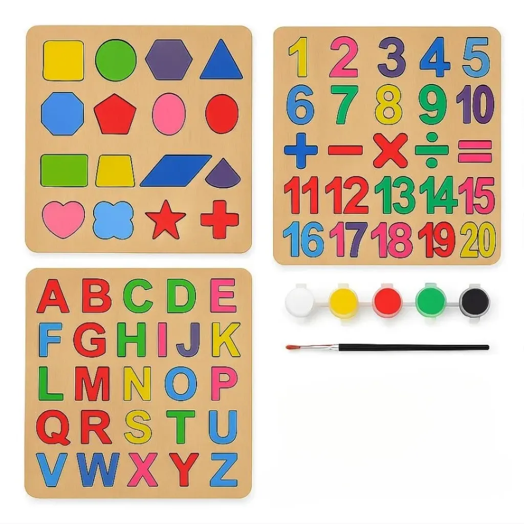 [KBS-1684] 3 Pcs Wooden Paint Puzzle Set | Alphabet, Numbers & Shapes Learning Board | Educational ABCD Puzzle Game for Kids