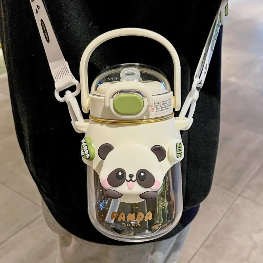 Cute Panda Water Bottle with Straw | Leak-Proof Drinking Cup with Adjustable Strap & Foldable Handle for School, Sports & Travel (Multicolor)