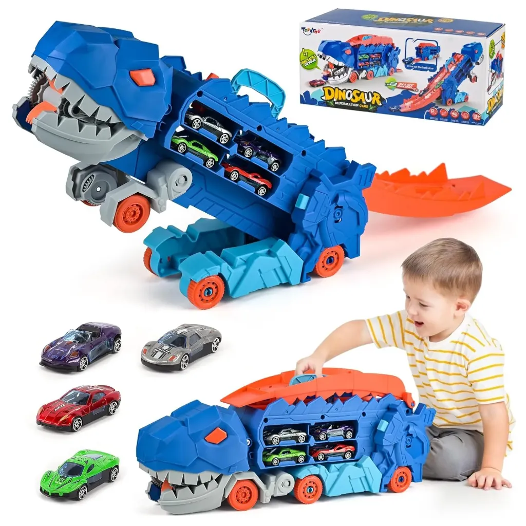Transport Dinosaur Truck Toy with Foldable Sliding Race Track – Transforms into Standing T-Rex Playset for Kids