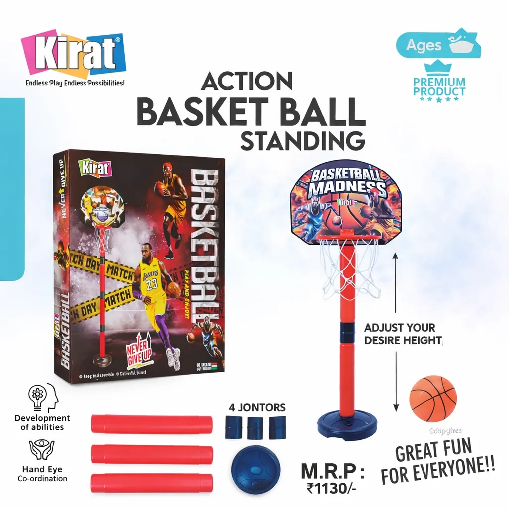 [KBS-1743] Kirat Action Basketball Standing Set – Adjustable Height Kids Basketball Hoop with Ball, Indoor & Outdoor Sports Toy