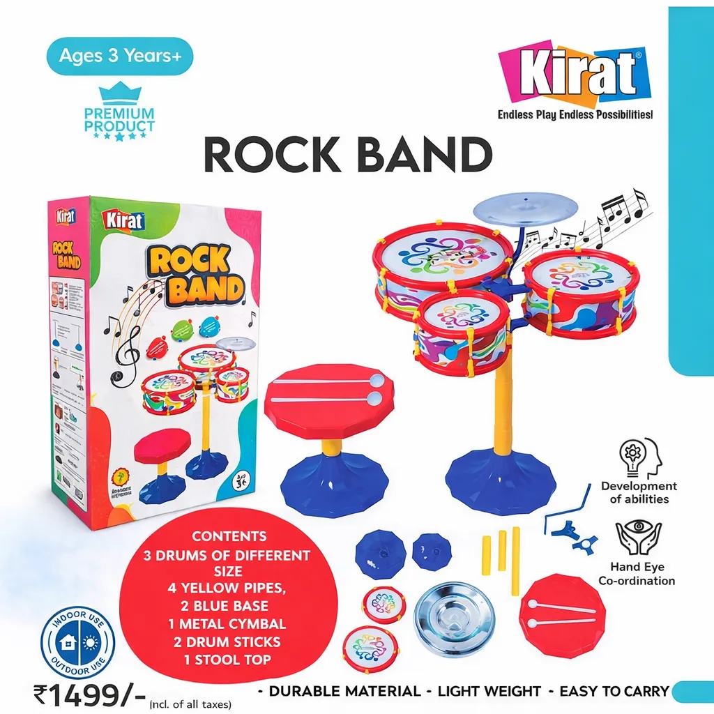 Kirat Rock Band Drum Set for Kids – 3 Drum Musical Playset with Cymbal, Stool & Drum Sticks | Educational Indoor Musical Toy