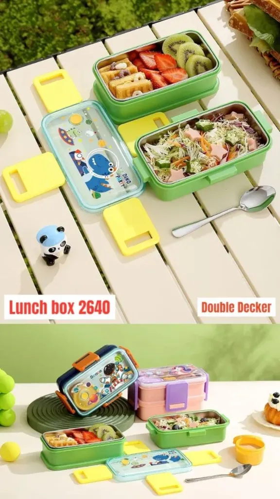 Stainless Steel Double Decker Lunch Box | 2 Bowls (500ml × 2) + 80ml Container | Model 2640