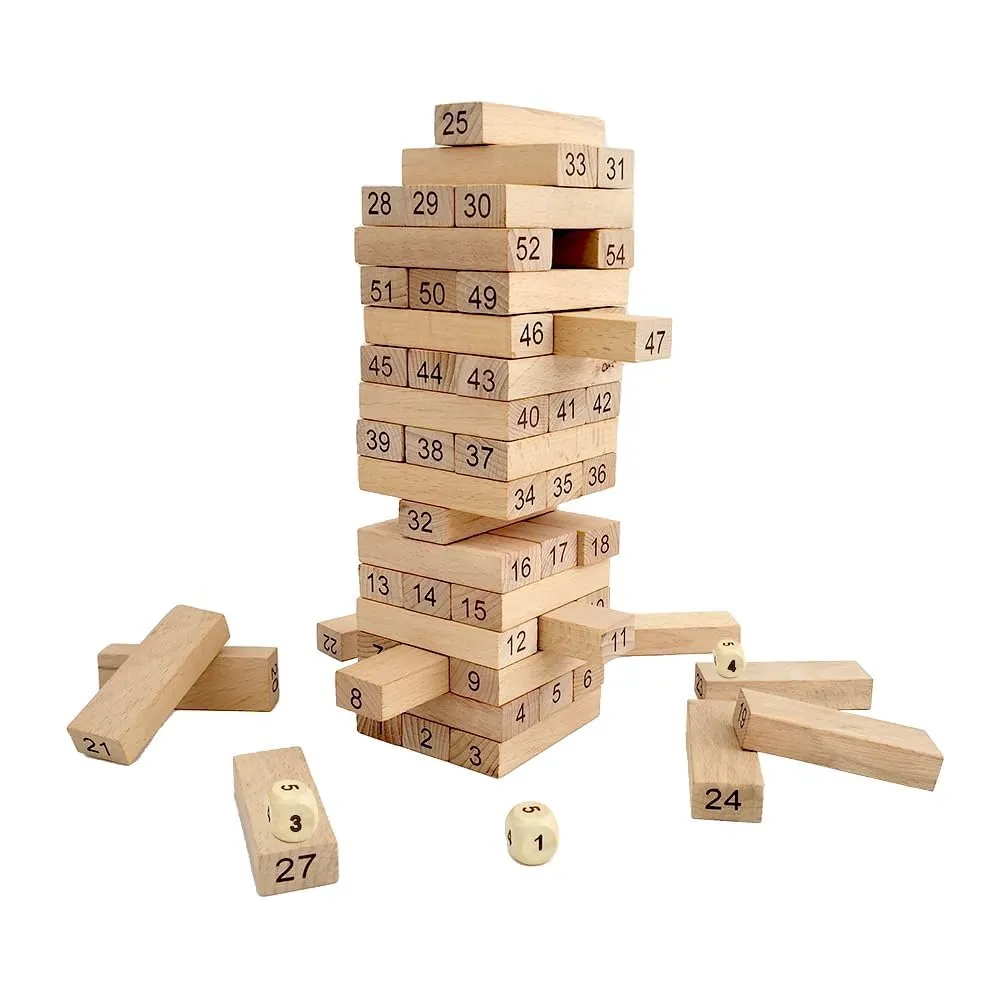 Wooden Blocks Tumbling Tower (54 Pcs Wooden Blocks with 2 Dice)