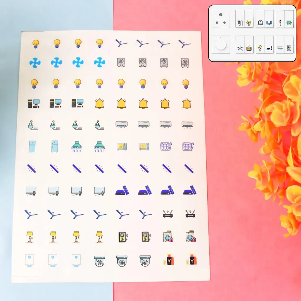 Smart Switch Icon Sticker Sheet | 88 Icons | Self Adhesive Labels for Smart Touch Switches, Lights, Fans & Home Appliances (1 Sheet)