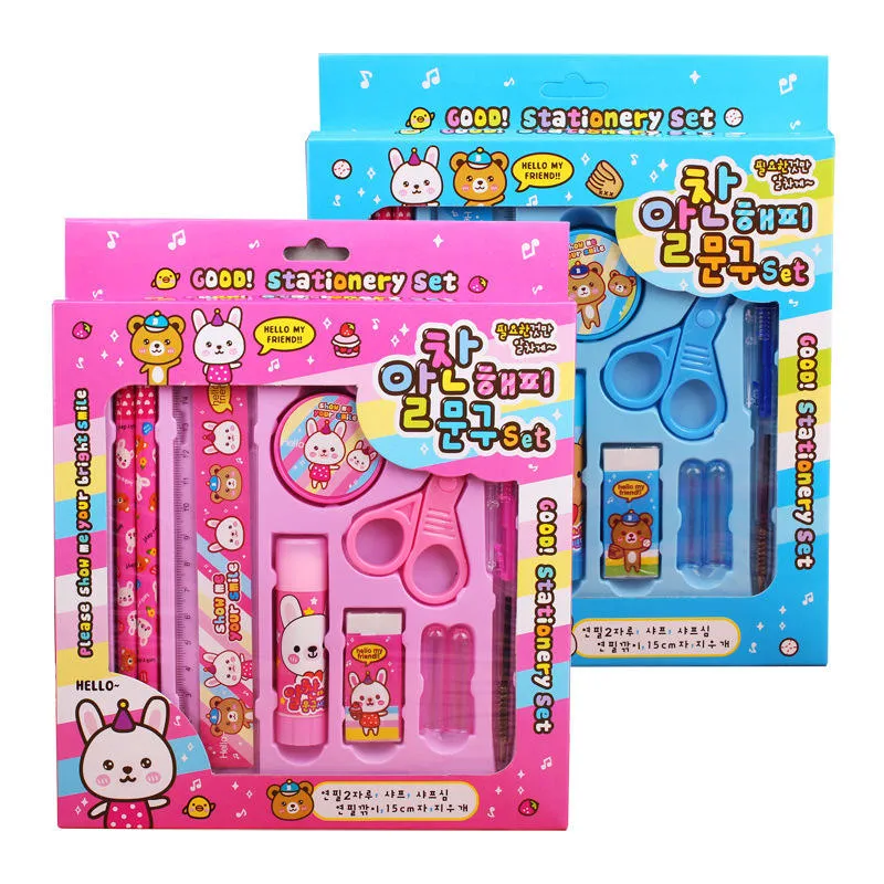 [KBS-1768] Korean Cute Cartoon Kids Stationery Set | Pencil, Ruler, Scissors & Eraser