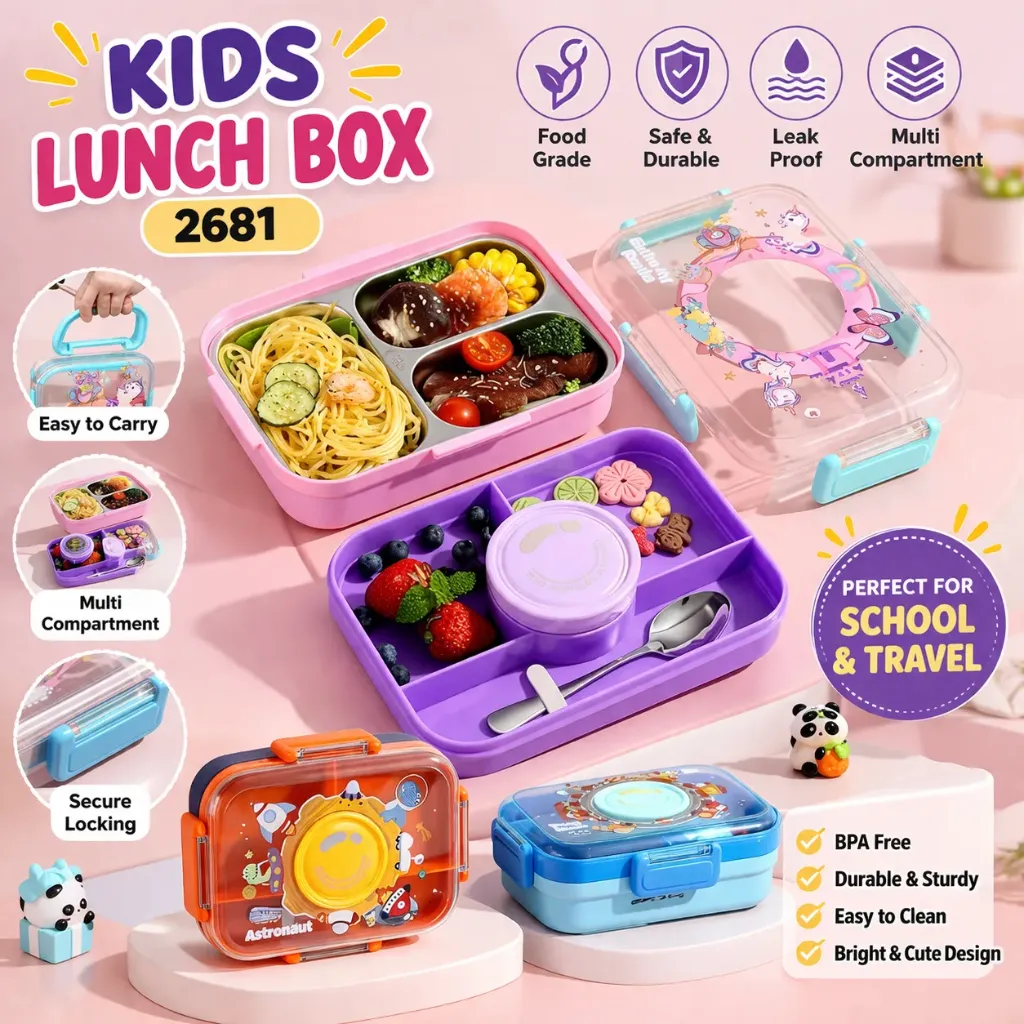 Stainless Steel 3 Compartment Lunch Box | Leak-Proof | BPA-Free | 750ml + Bowl 150ml + Steel Spoon | Model 2681