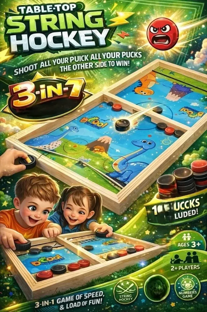 [KBS-1839] Krocie Toys Table Top String Hockey Game | 3-in-1 Board Game (String Hockey, Ludo & Writing Board) | Indoor & Outdoor Family Game for Kids