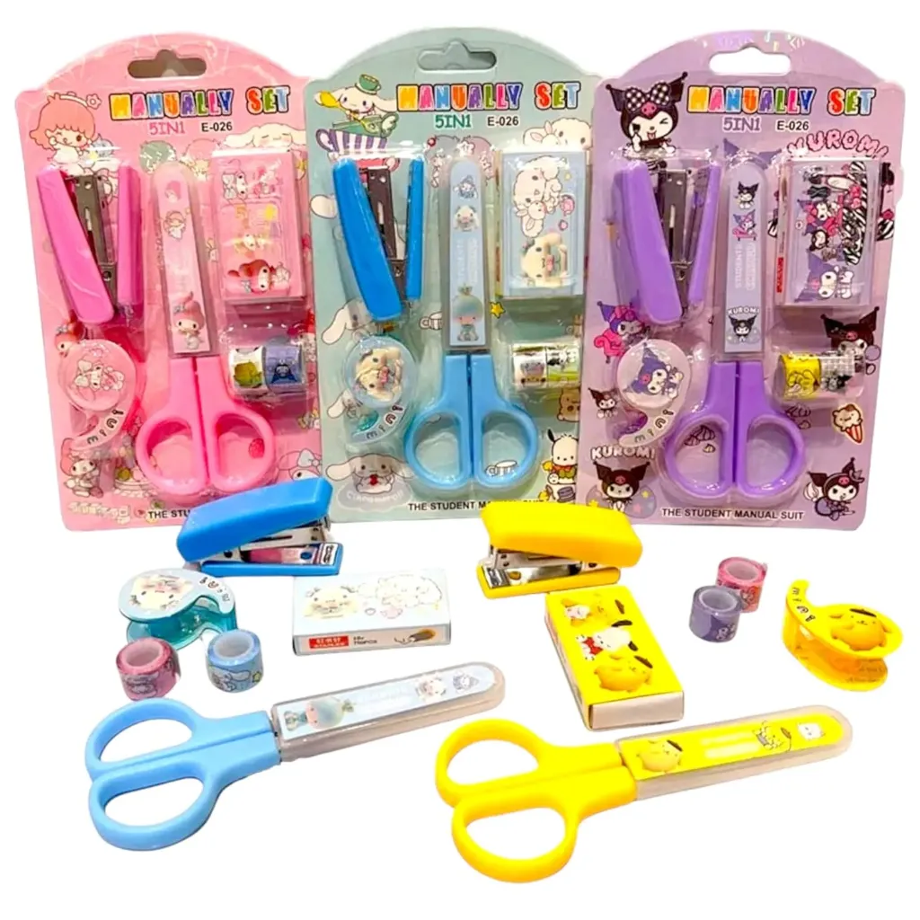 Stationery Kit Set - Mini Stapler with 10 Staples, Scissors, 2 Washi Tapes & Tape Dispenser (CD9667) - 1 Kit (Random Design)