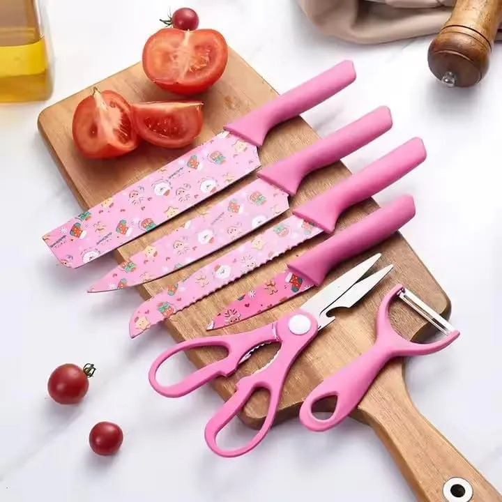 Colorful Kitchen Knife Set - 6 PCS Stainless Steel Chef Knives - Non-Stick Coated Blades & Ergonomic Handles - Multipurpose Cooking Set (Pink)