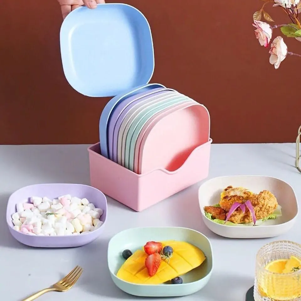 Square Plastic Dinner Plate Set - 10 Unbreakable Colorful Plates with Stand - Plates for Snacks, Fruits & Picnic