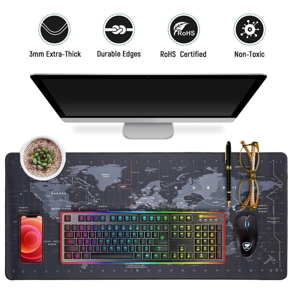 [KBS-2011] World Map Keyboard Mat - 80x30 cm Extended Gaming Mouse Pad - Anti Slip Rubber Base with Stitched Edges for Laptop & Computer
