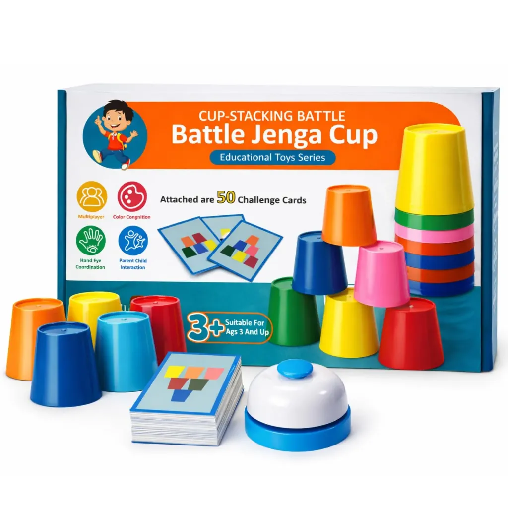 [KBS-2014] Cup Stacking Battle Game for Kids - Color Matching Puzzle with Bell - Fast Brain Game with Challenge Cards - Educational Montessori Toy