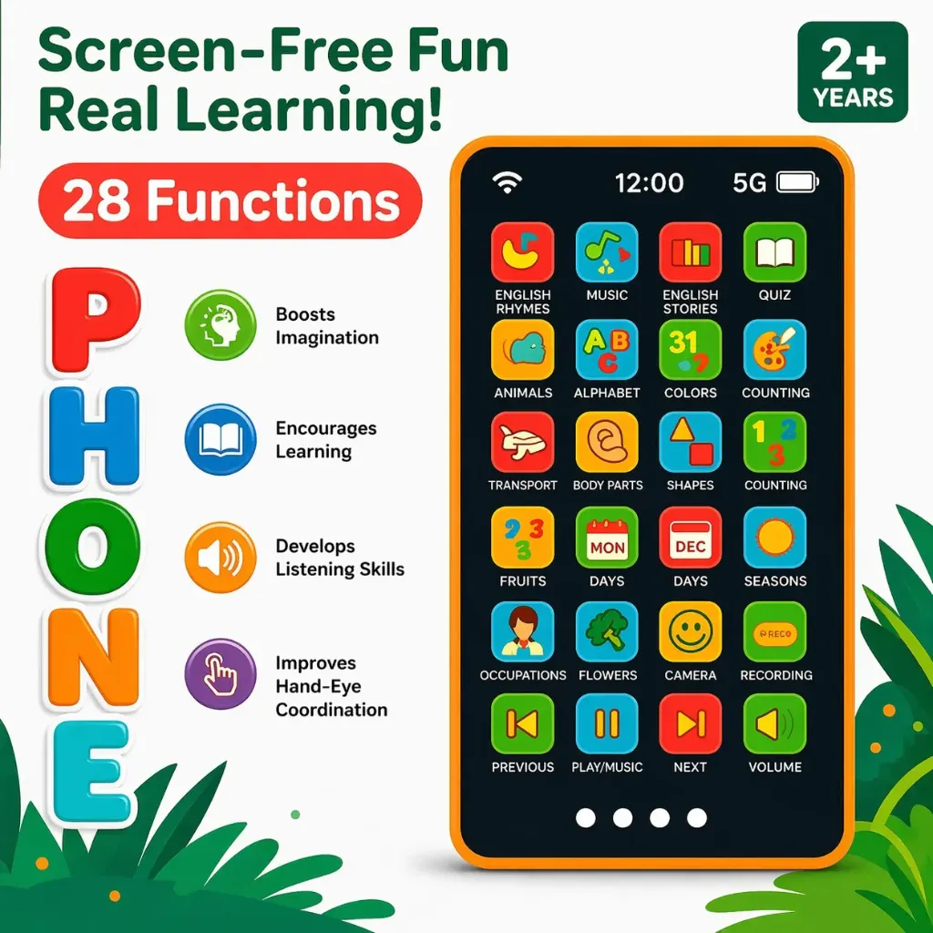 Edu Phone - Educational Kids Learning Phone Toy - Rechargeable Interactive Talking Mobile with 28 Functions - Hindi & English Language, Alphabet, Numbers, Music & Rhymes for Boys & Girls