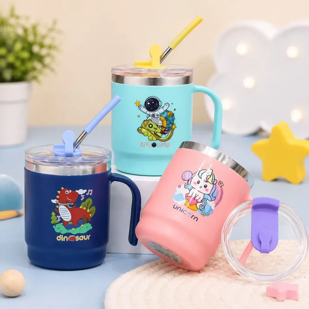 Stainless Steel Insulated Mug with Lid & Straw 400ml - Kids Vacuum Cup - Pack of 1