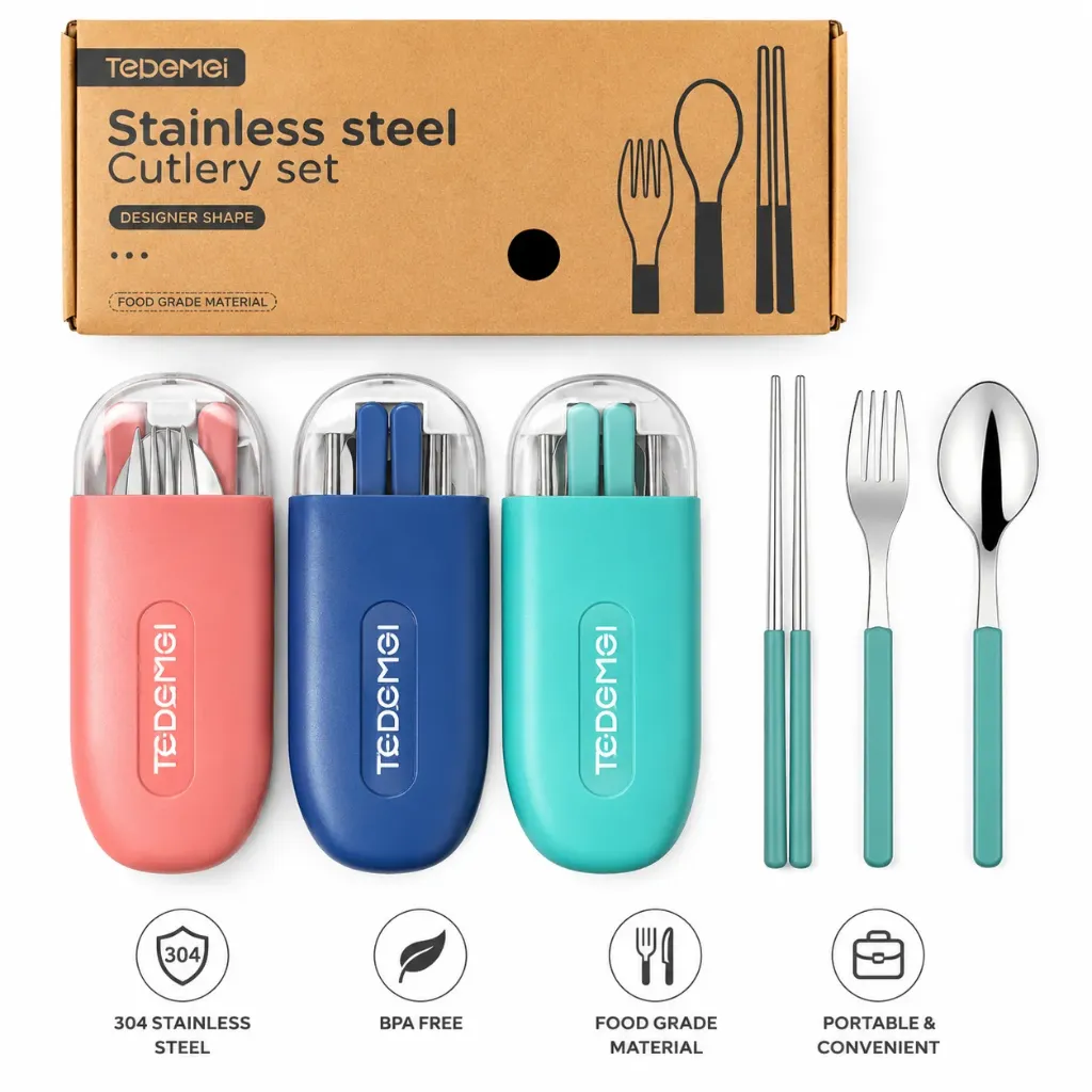 Stainless Steel Portable Cutlery Set with Case | Spoon Fork Chopsticks Travel Utensils Set for Office, School & Travel