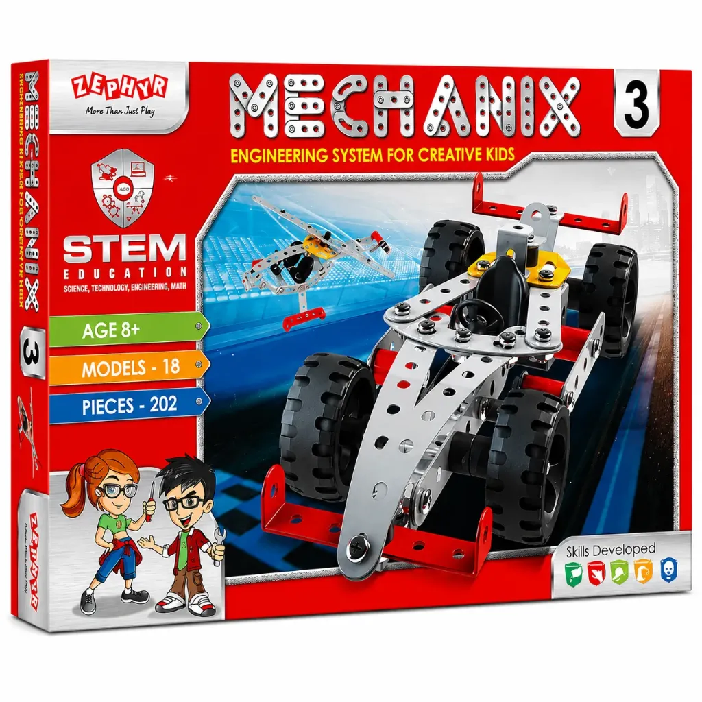 [KBS-2123] Zephyr Mechanix 3 DIY Metal Construction Set for Kids (18 Models, 202 Pieces) | STEM Learning Educational Building Toy Kit - Age 7+Years