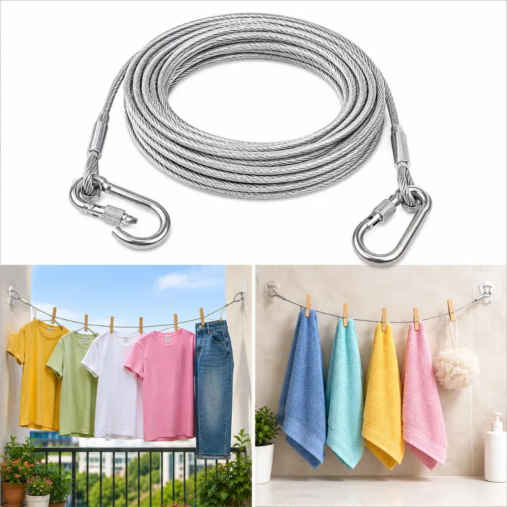 [KBS-2131] Steel Wire Cloth Rope (5 Meter) Heavy Duty Stainless Steel Wire Rope Cable with Locking Hooks for Clothes Drying, Outdoor, Garden, Gym & Utility Use