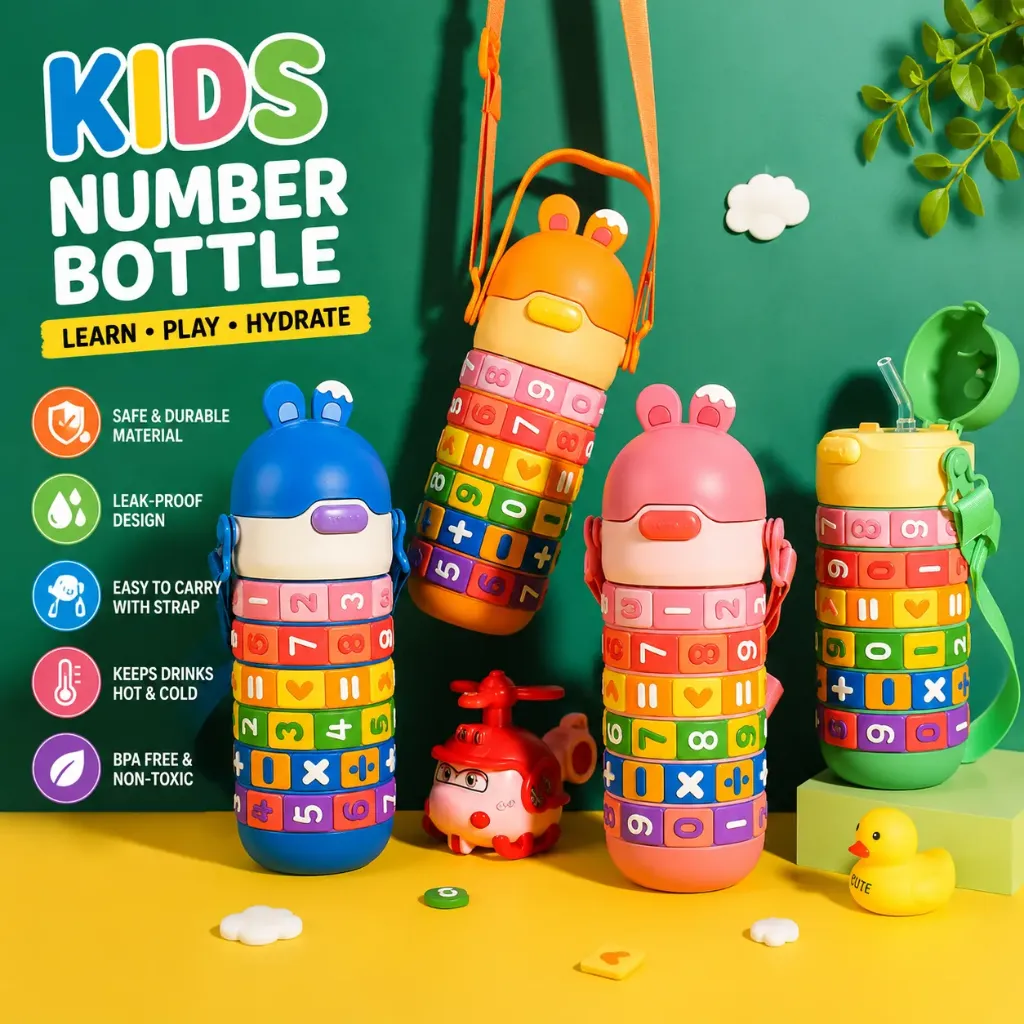 Stainless Steel Sipper Water Bottle with Rotating Number Puzzle Blocks