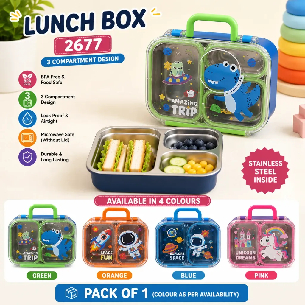 Stainless Steel 3 Compartment Lunch Box - 680ml (Model 2677)