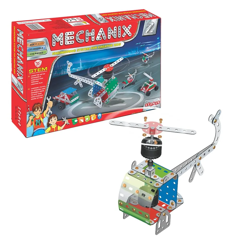 Zephyr Mechanix 2 Metal Construction Set for Kids (15 Models, 170 Pieces) - STEM Learning Educational Building Toy Kit -  Age 7+ Years