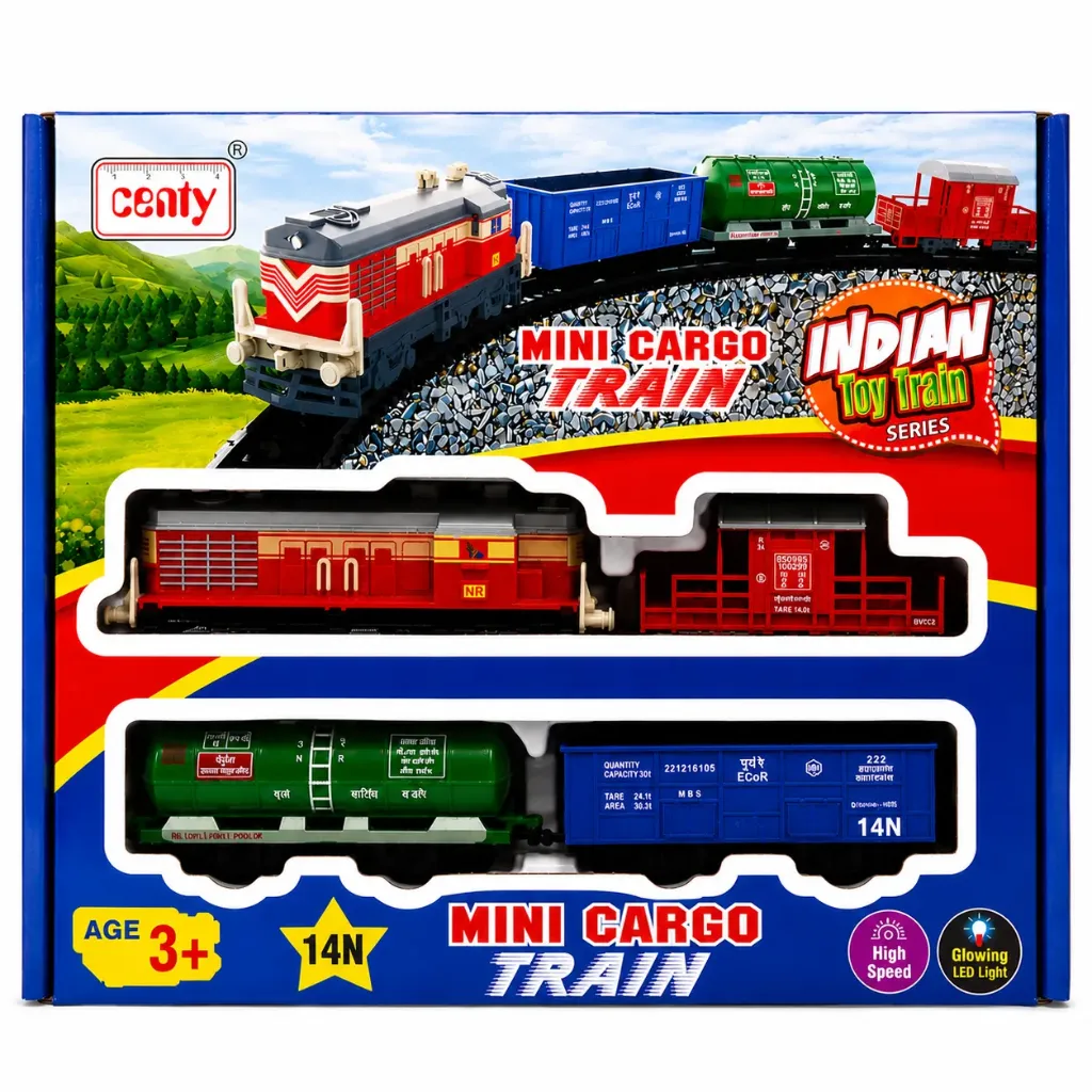Centy Mini Cargo Train Set with Tracks - Battery Operated 14 Piece Indian Mini Cargo Train, High Speed with Glowing LED Light, Educational Toy for Kids Age 3+