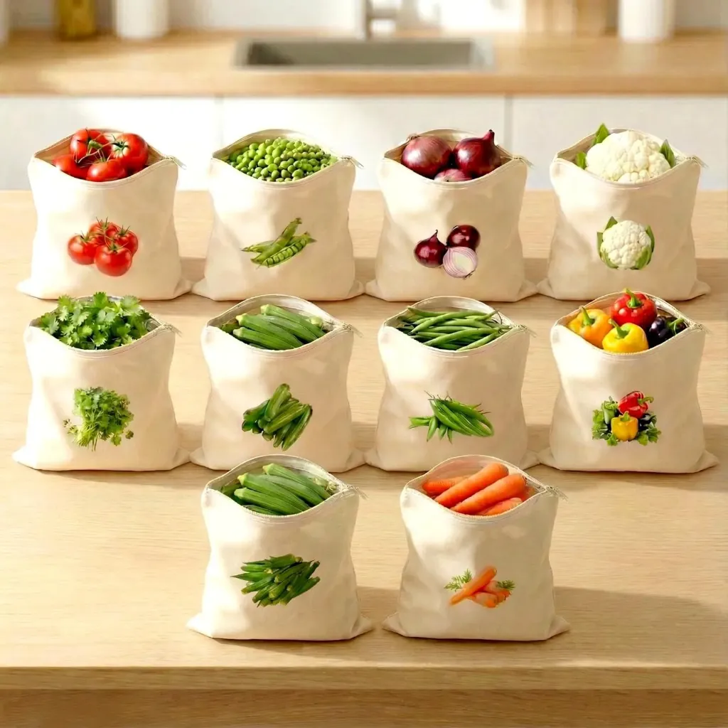 Reusable Cotton Vegetable Storage Bags for Fridge (1 Bag)