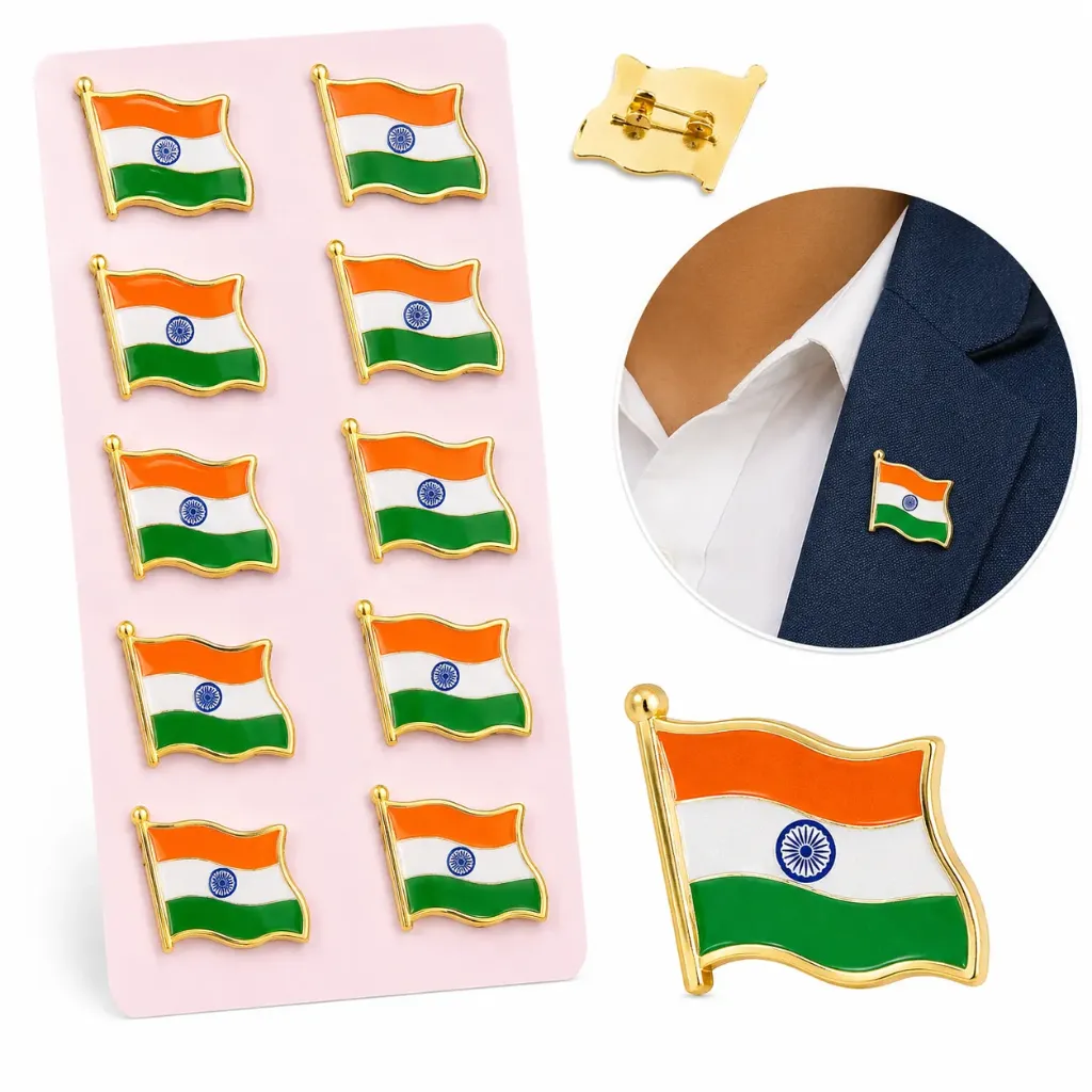Metal Flag Badge - Tricolor Indian National Flag Brass Metal Lapel Pin for Saree, Coat, Shirt, Uniform & Bag for Independence Day & Republic Day Celebration (1 Piece)