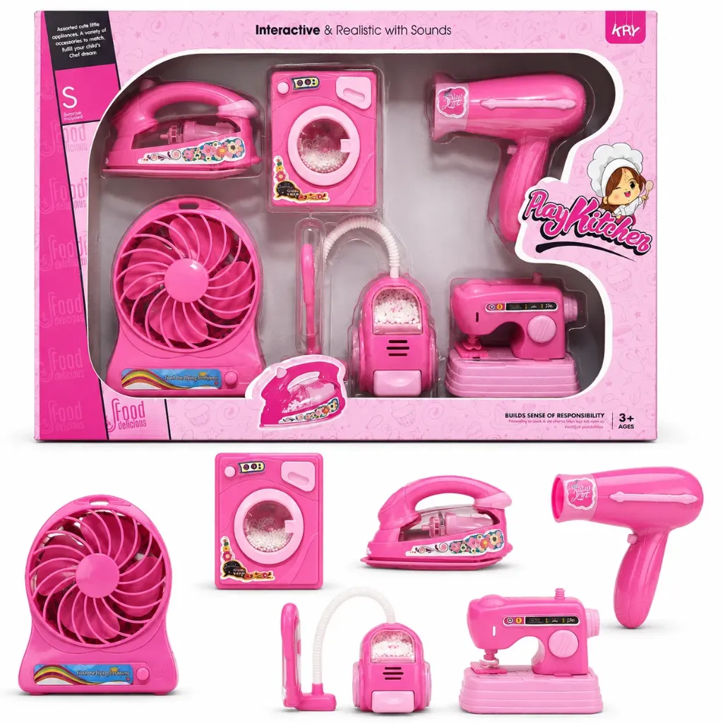 Kids Household Appliance Toy Set with Sound - 6 Pcs Pink Educational Role Play Kit for Girls