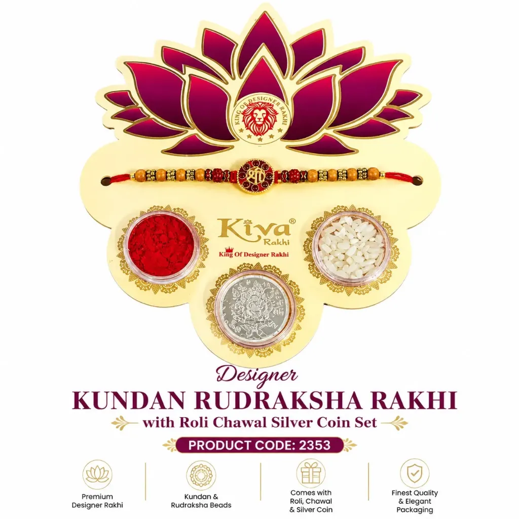 [KBS-2353] Rakhi - Designer Kundan Rudraksha Rakhi with Roli Chawal Silver Coin Set (2353)