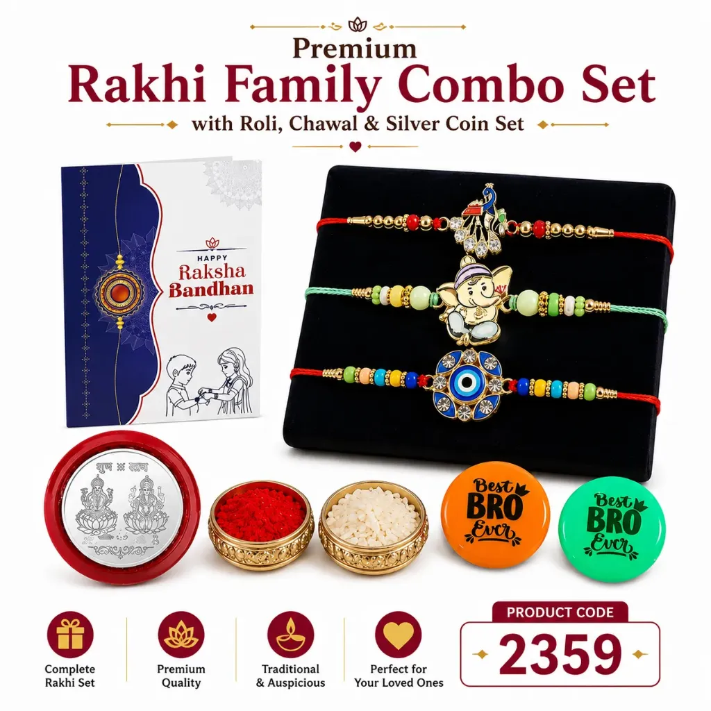 Rakhi - Family Combo Rakhi Set with Roli, Chawal, Silver Coin & Magnet Set (2359)