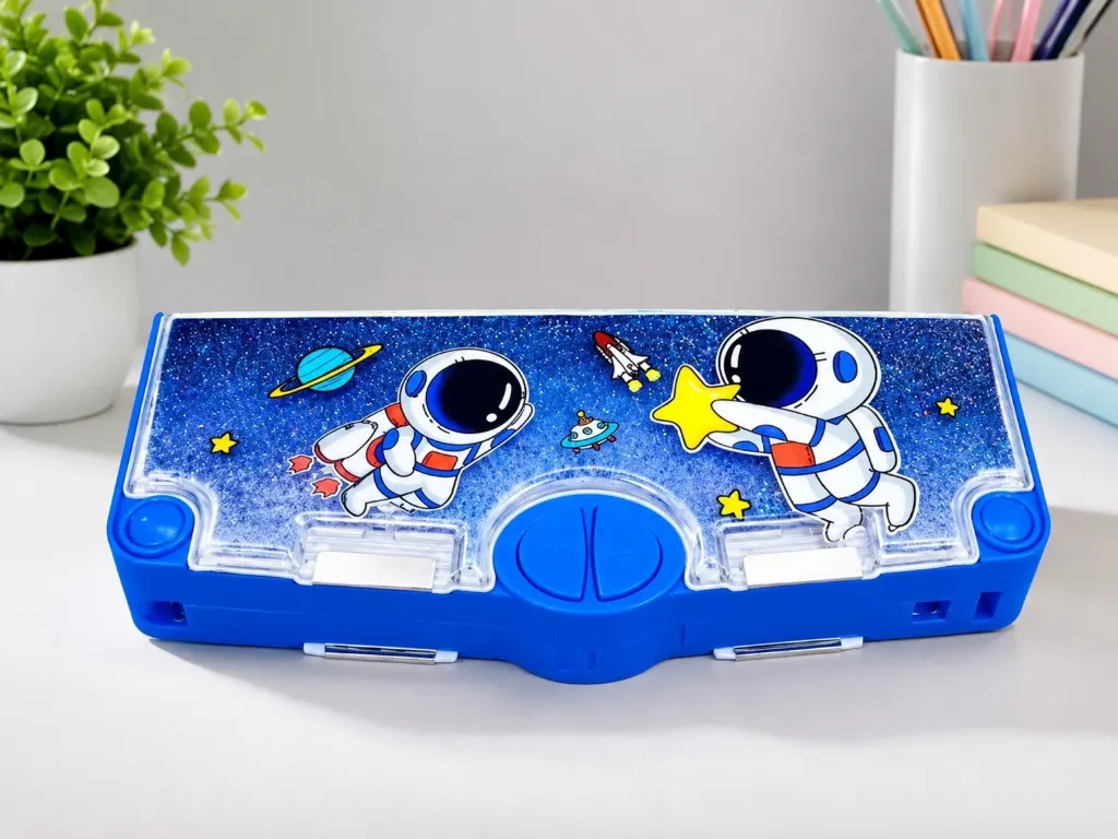 Double Sided Multi Compartment Pencil Box with Liquid Glitter Water-2489