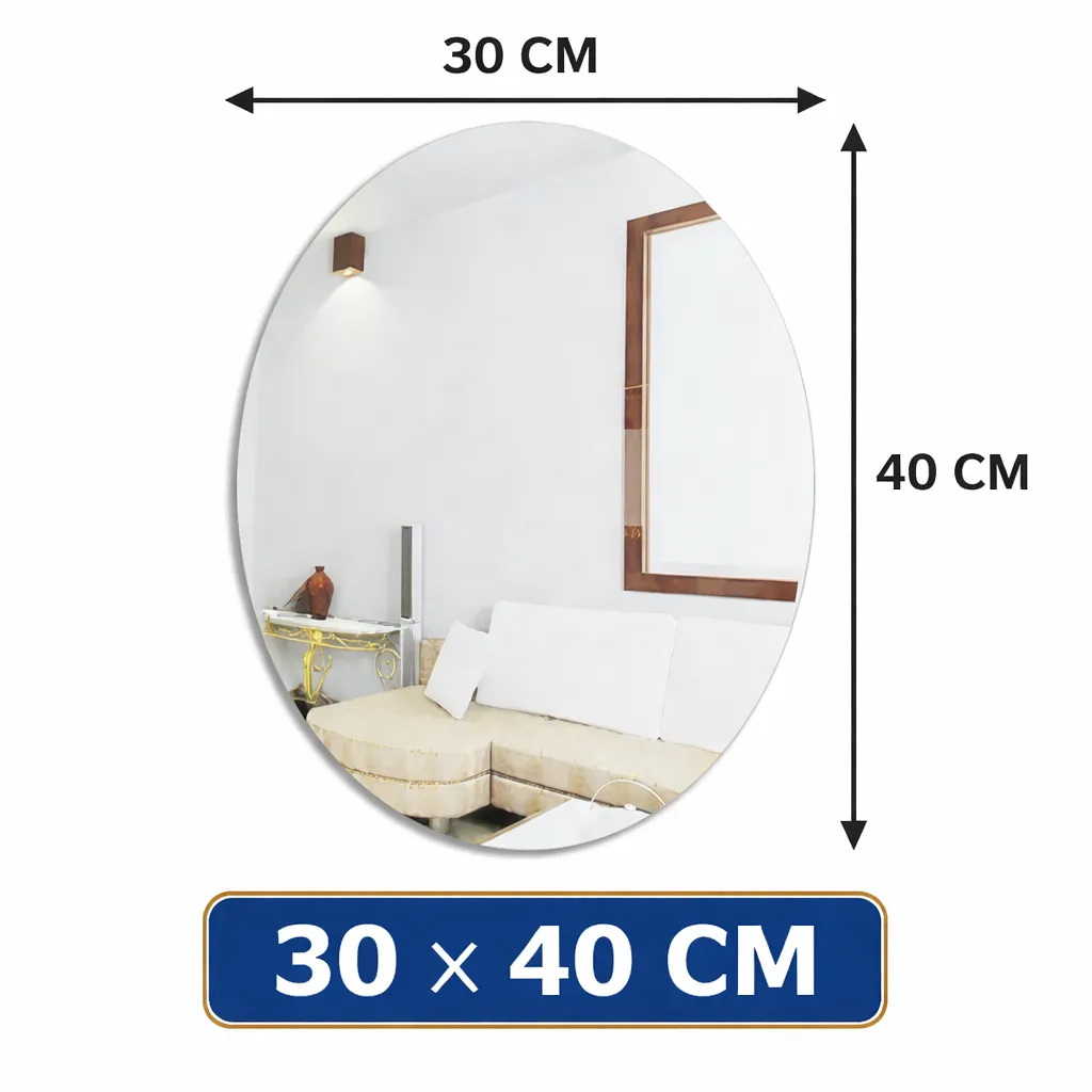 Oval Shape Wall Mirror Sticker - 30 x 40 cm Unbreakable Plastic Mirror Sheet - Self Adhesive Wall Decor for Bathroom Bedroom Living Room & Office