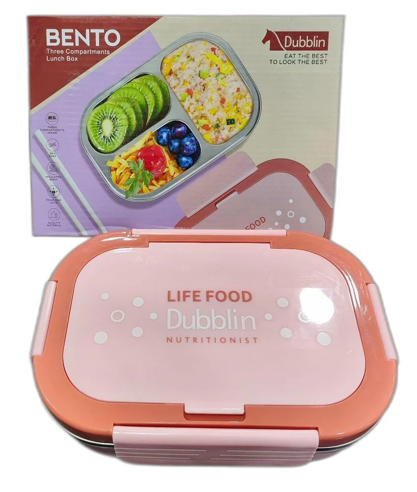[KBS-736] Stainless Steel 3-Compartment Lunch Box – Insulated Body, Leak-Proof, BPA-Free, 750ml (Model Dubblin Bento)